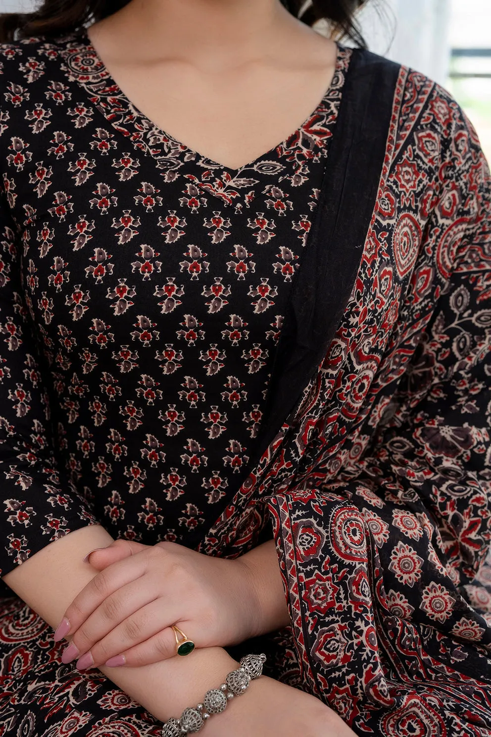 Black Printed Straight Kurta and Trouser With Dupatta