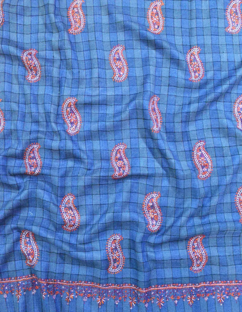 blue check booti embroidery pashmina shawl 8552