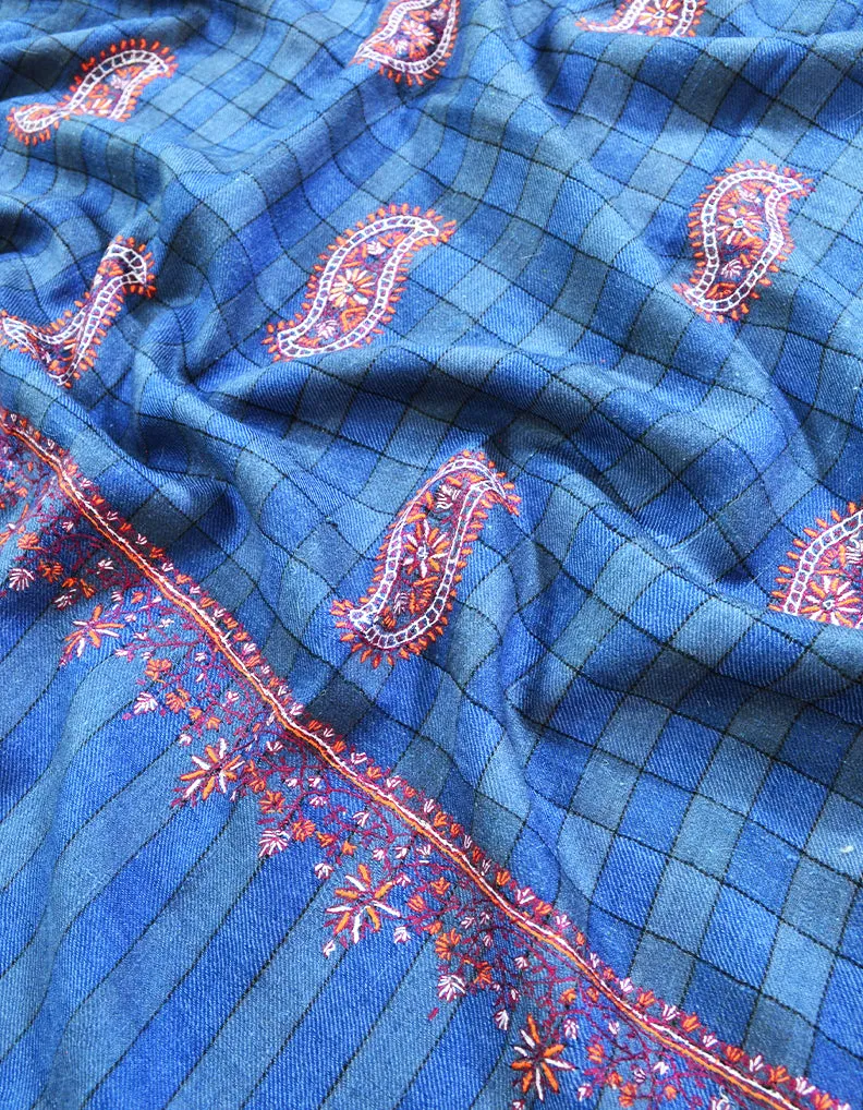 blue check booti embroidery pashmina shawl 8552