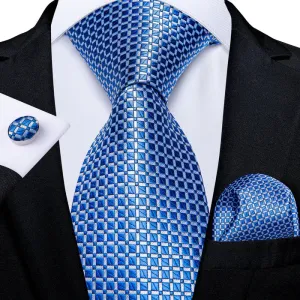 DiBanGu Men's Tie Navy Blue Plaid Silk Tie Handkerchief Cufflinks Set Attractive
