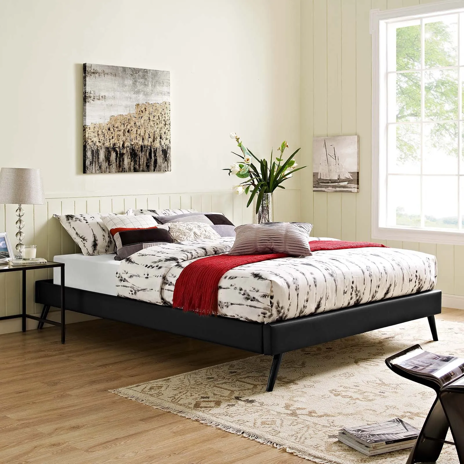 Loryn Queen Vinyl Bed Frame with Round Splayed Legs Black MOD-5890-BLK