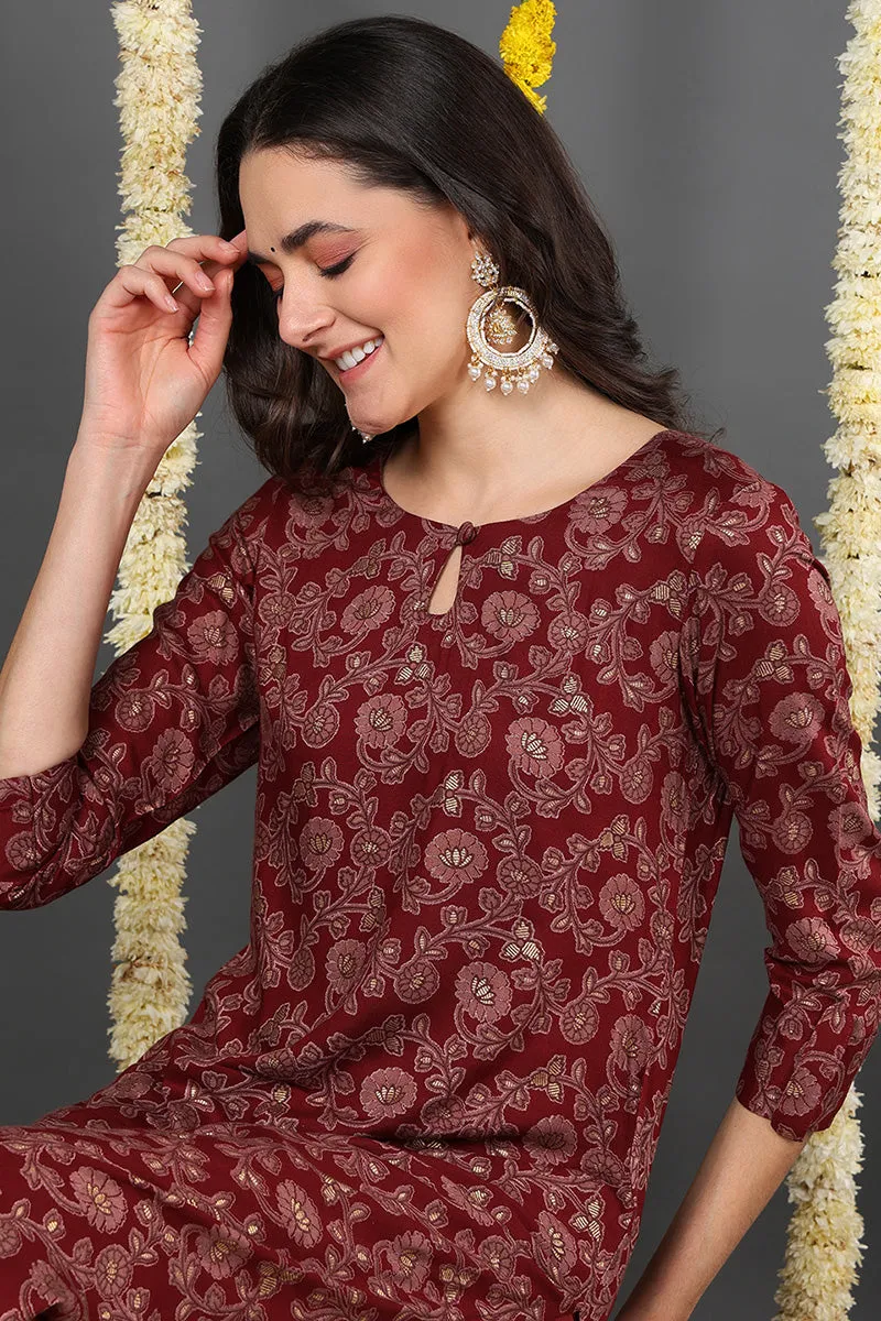 Maroon Viscose Rayon Floral Printed Straight Kurta
