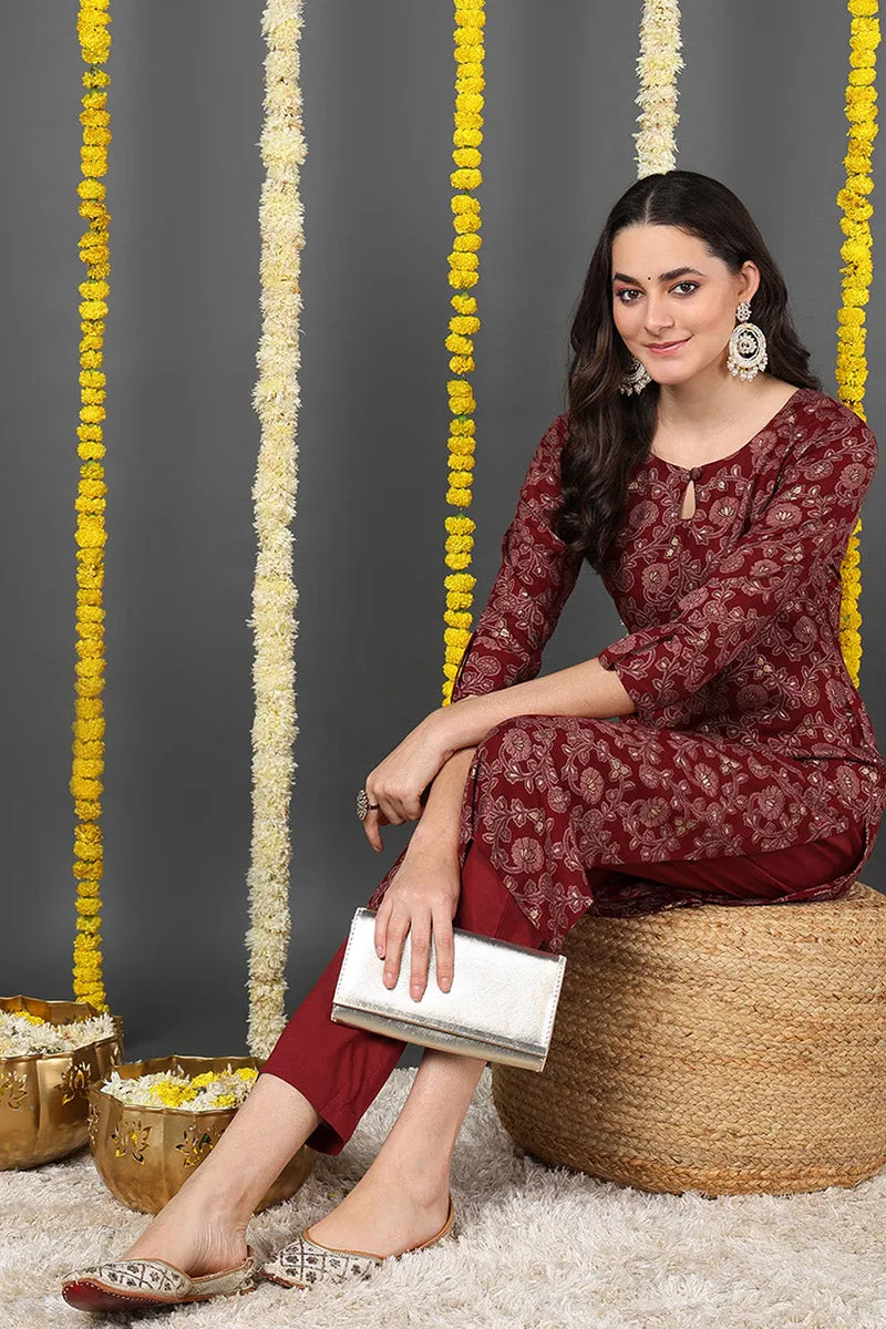 Maroon Viscose Rayon Floral Printed Straight Kurta