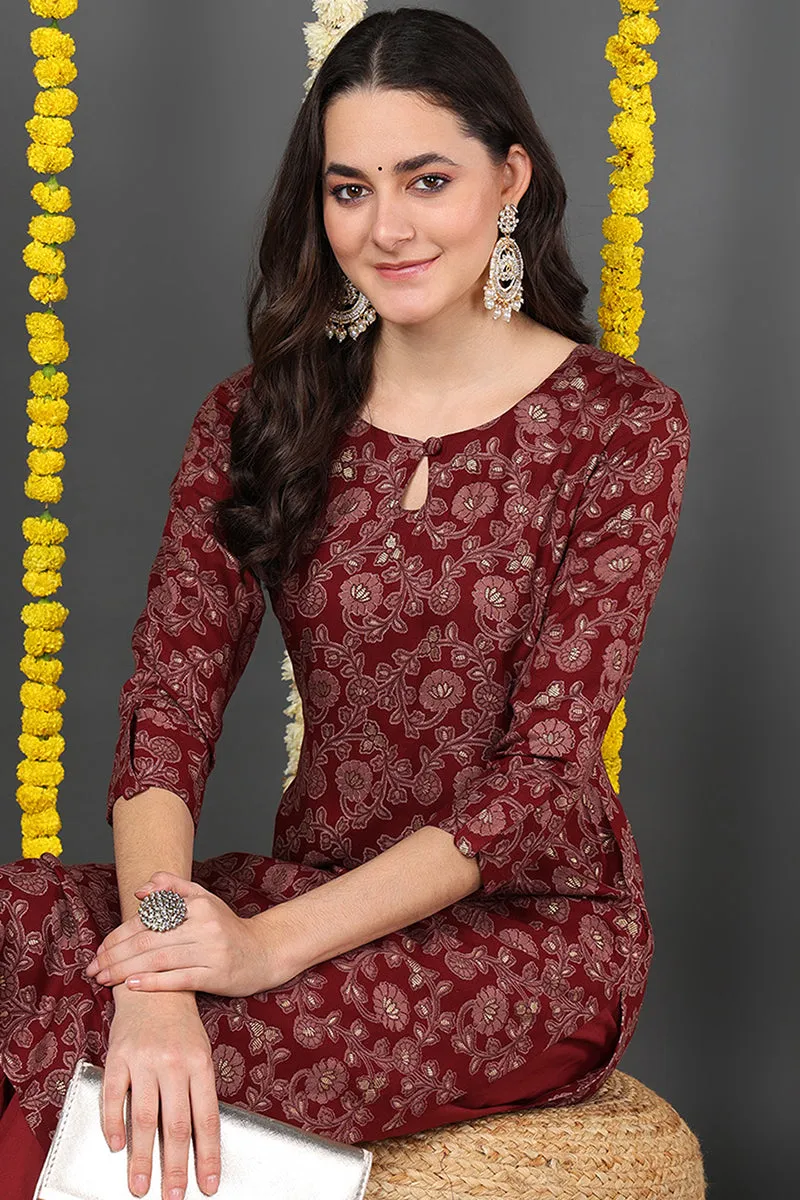 Maroon Viscose Rayon Floral Printed Straight Kurta