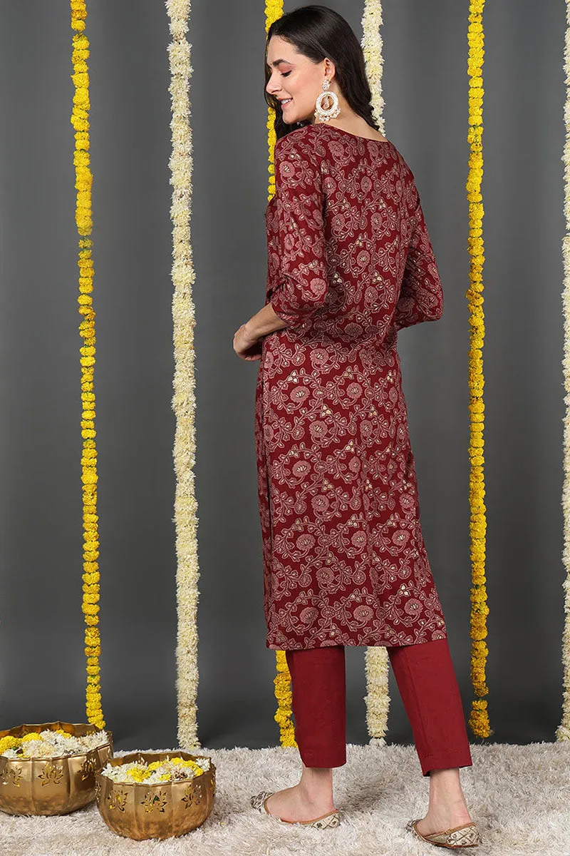 Maroon Viscose Rayon Floral Printed Straight Kurta