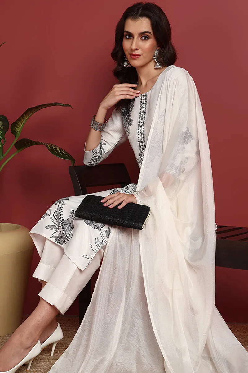 Off White Silk Blend Floral Printed Straight Suit Set