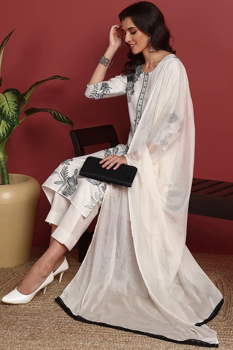 Off White Silk Blend Floral Printed Straight Suit Set