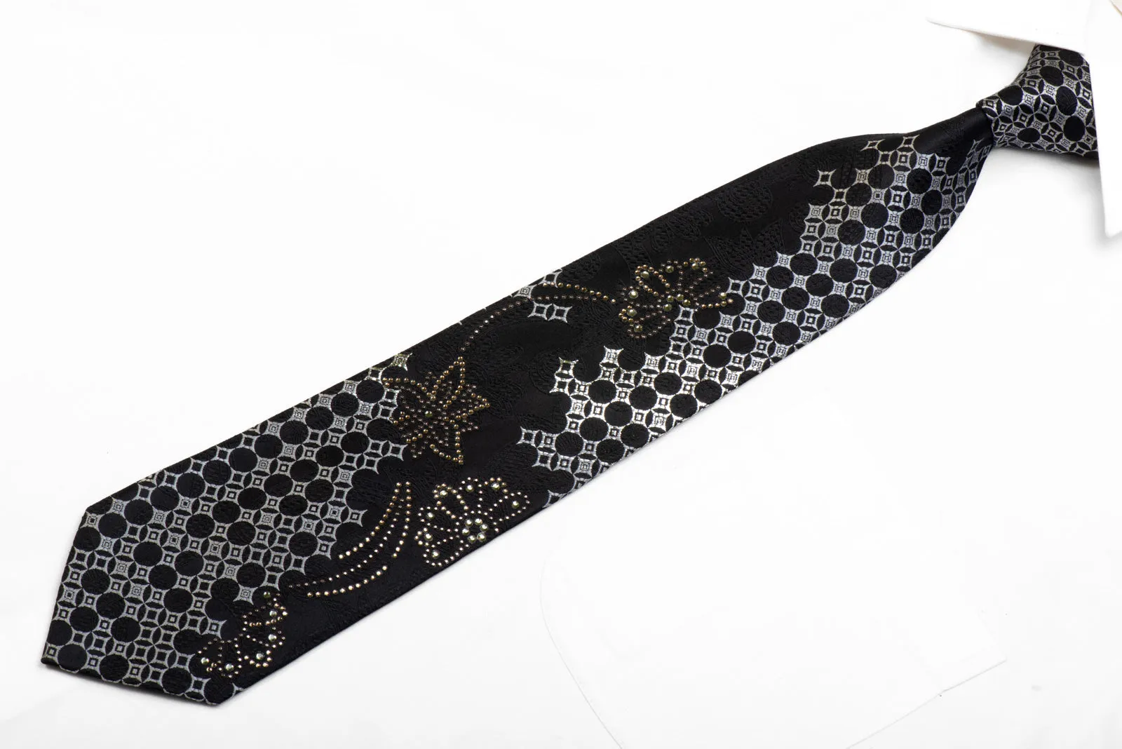 Remizio Rhinestone Silk Tie Silver Geometric Floral On Black With Silver Sparkles