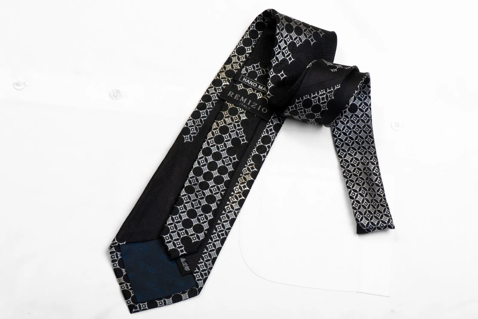 Remizio Rhinestone Silk Tie Silver Geometric Floral On Black With Silver Sparkles