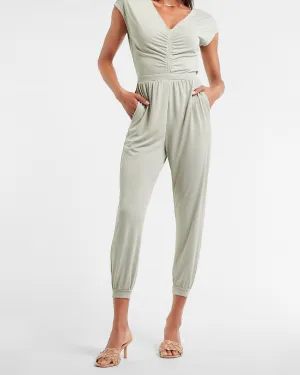 Silky Sueded Jersey Ruched Front Lounge Jumpsuit in Puritan Gray