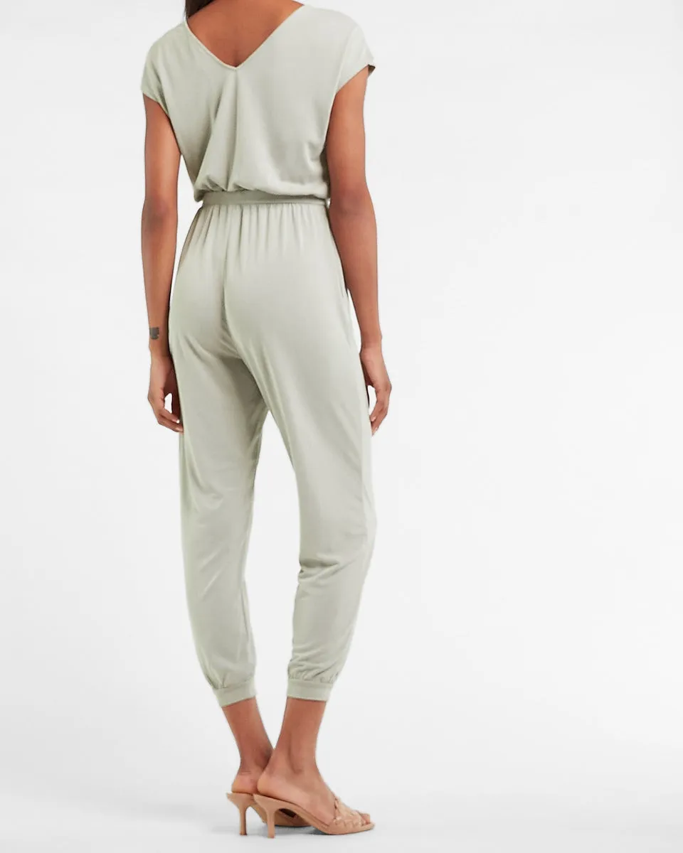 Silky Sueded Jersey Ruched Front Lounge Jumpsuit in Puritan Gray