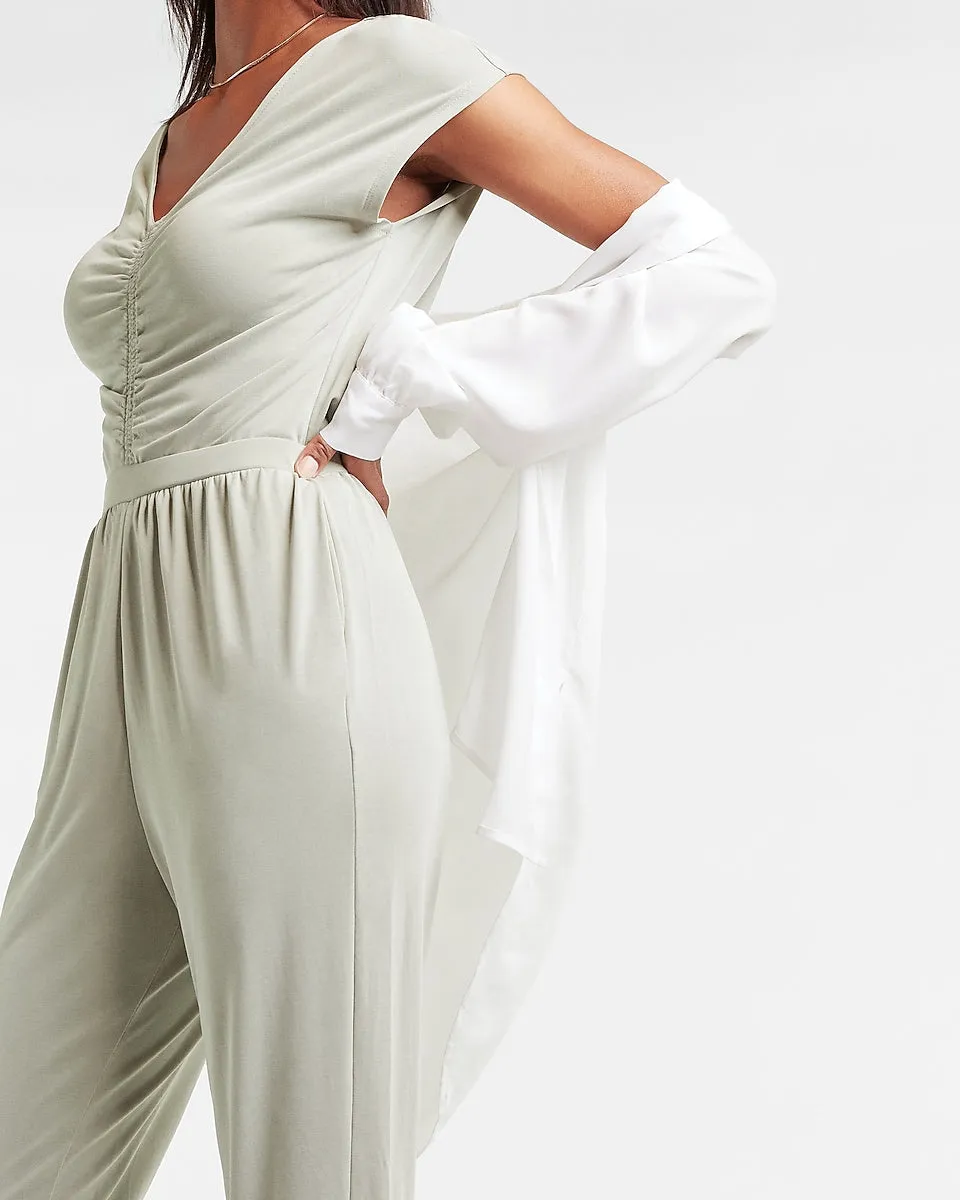 Silky Sueded Jersey Ruched Front Lounge Jumpsuit in Puritan Gray