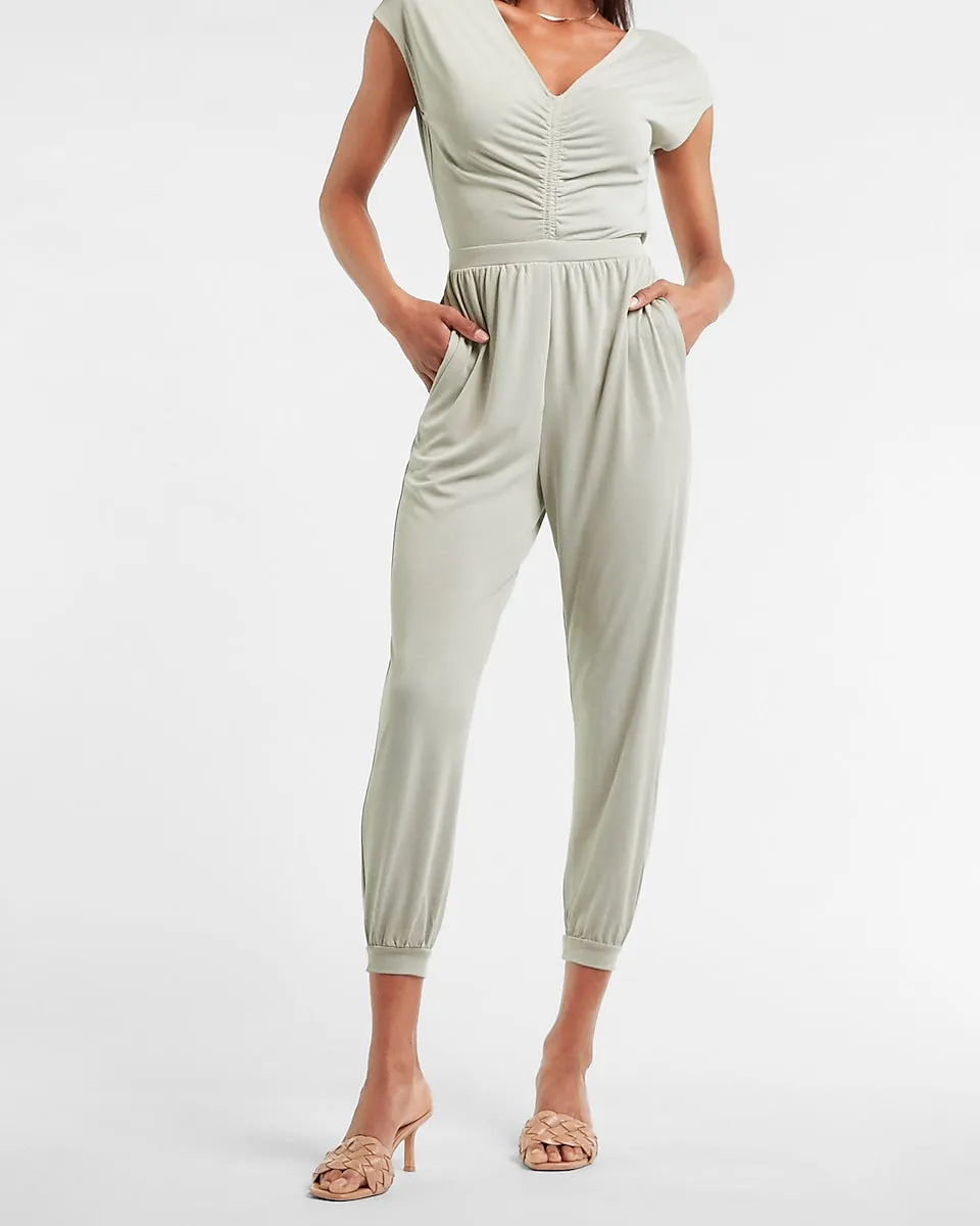 Silky Sueded Jersey Ruched Front Lounge Jumpsuit in Puritan Gray