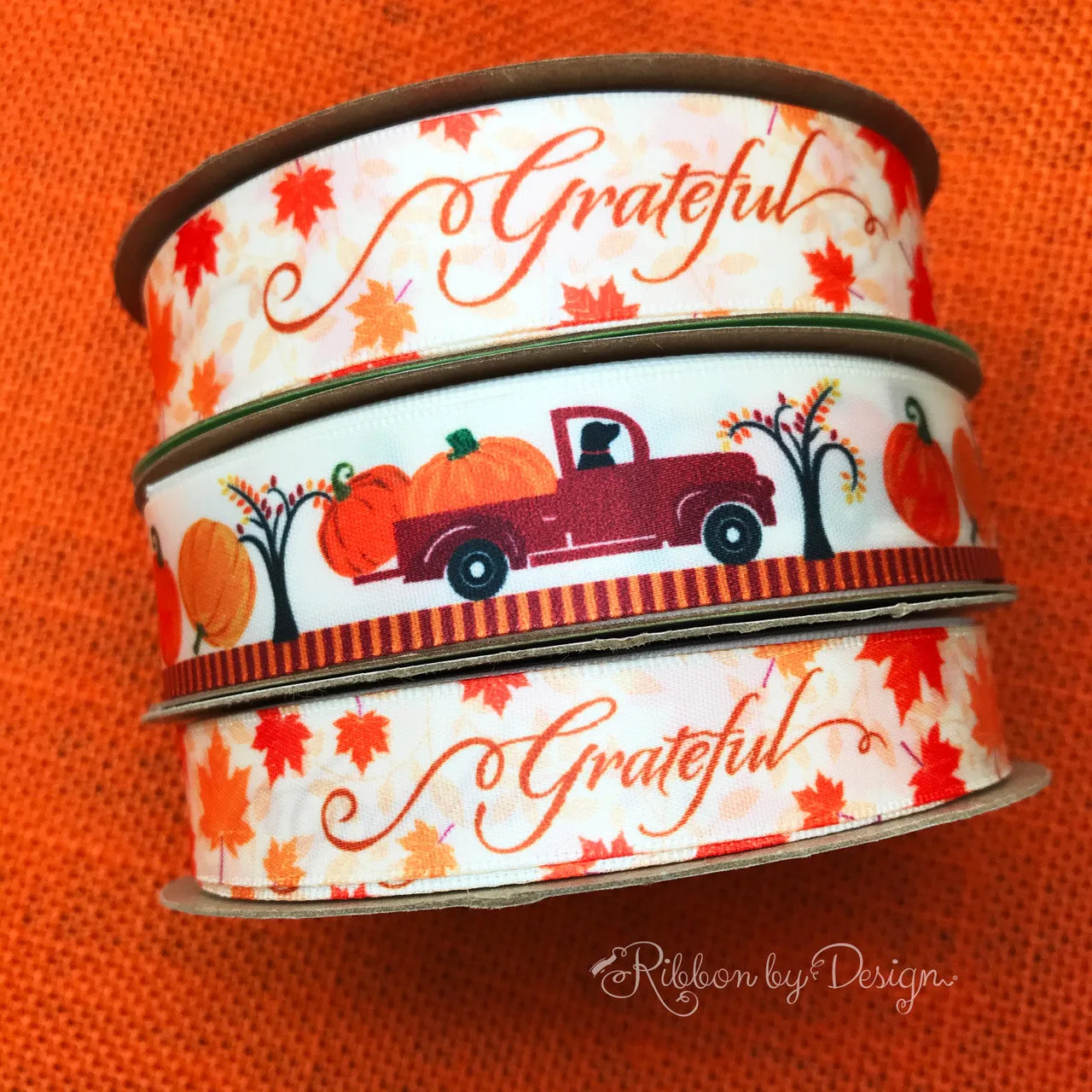 Thanksgiving Grateful ribbon with tossed Fall leaves in orange and yellow printed on 5/8" and 7/8"  antique white satin