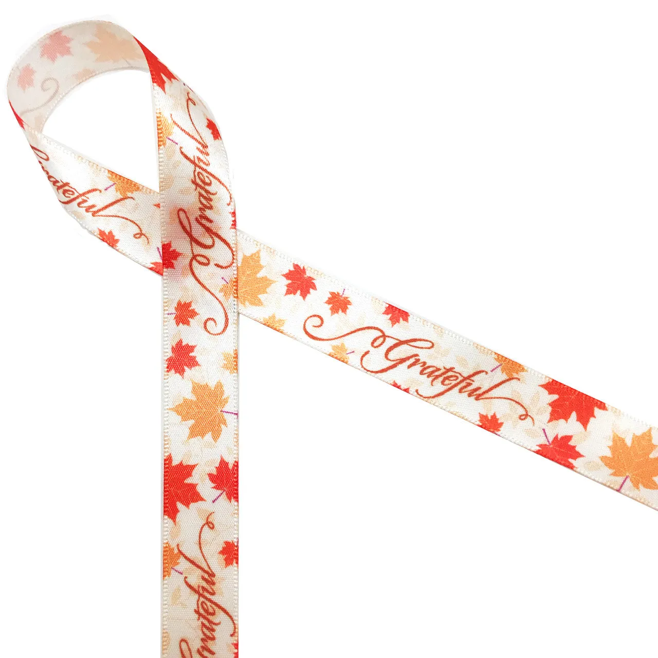 Thanksgiving Grateful ribbon with tossed Fall leaves in orange and yellow printed on 5/8" and 7/8"  antique white satin