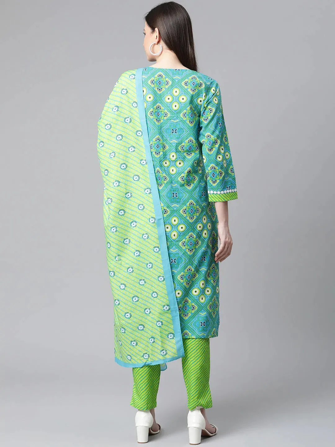 Women Blue & Green Ethnic Motifs Printed Pure Cotton Kurta With Trousers & Dupatta