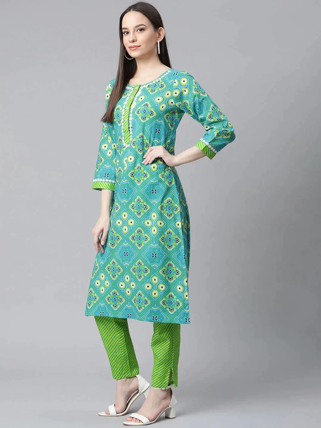 Women Blue & Green Ethnic Motifs Printed Pure Cotton Kurta With Trousers & Dupatta
