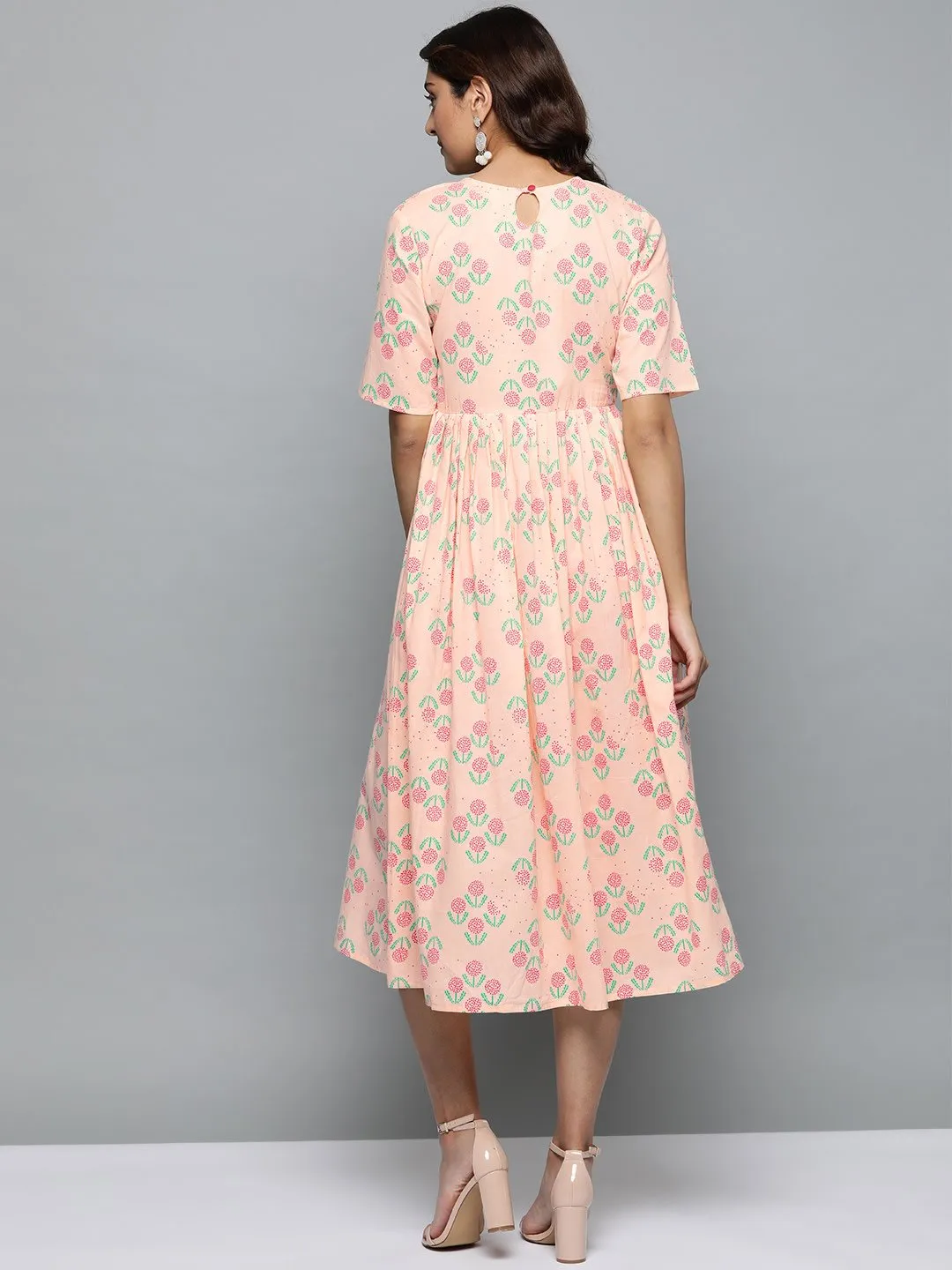 Women Peach Floral Printed Round Neck A-Line Dress