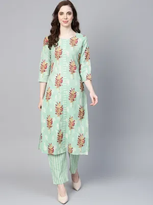 Women Sea Green Printed Kurta Set