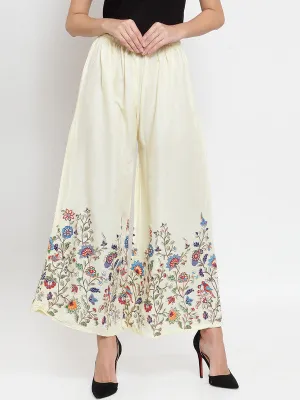 Women'S Off-White Floral Printed Rayon Palazzo