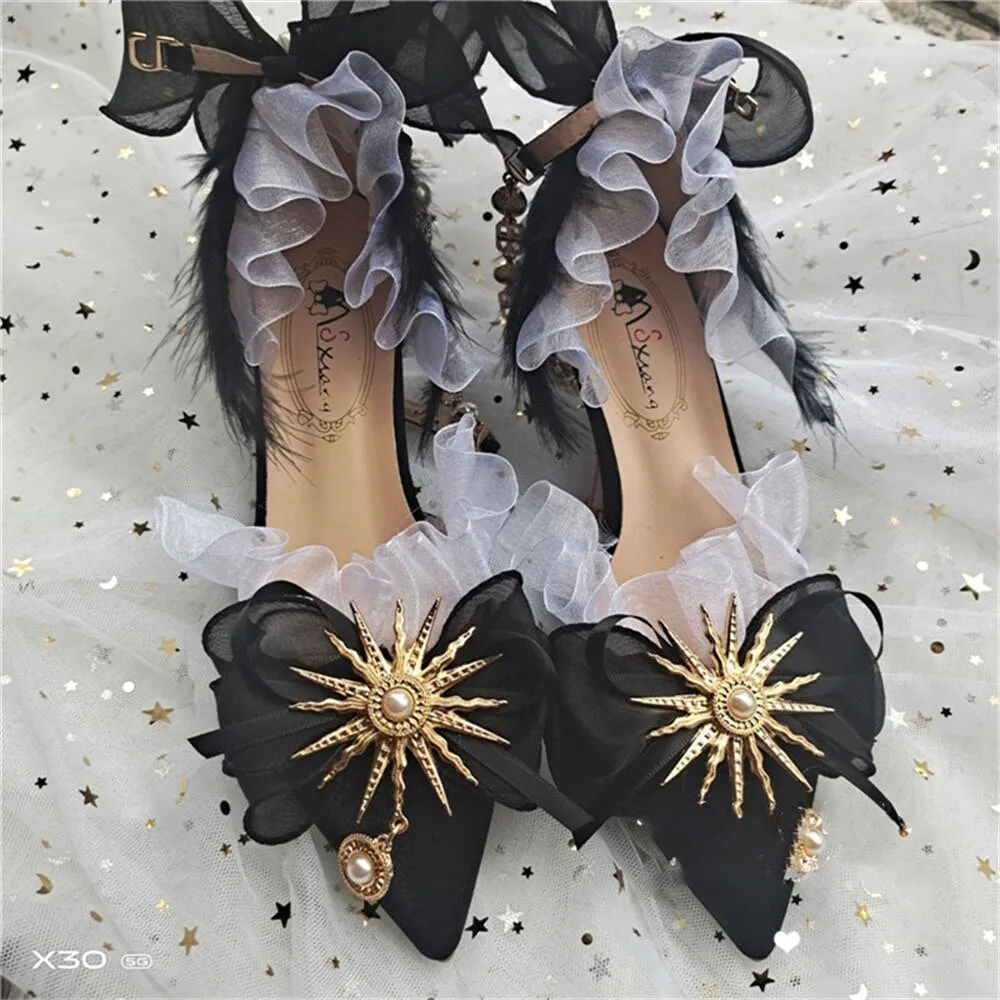 xiangtuibao Gothic Girls Black Feather Bowknot Gold Sun Lolita Shoes Metal Pearl Chain Pointed Sandals Mid Heel Victoria Cos Lolita Shoes