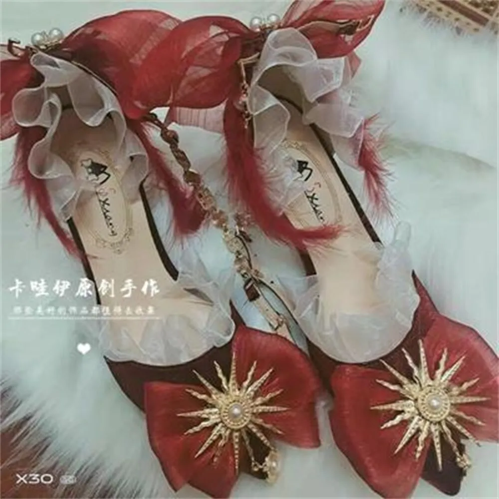 xiangtuibao Gothic Girls Black Feather Bowknot Gold Sun Lolita Shoes Metal Pearl Chain Pointed Sandals Mid Heel Victoria Cos Lolita Shoes
