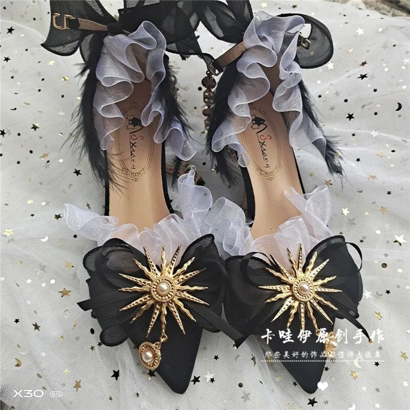 xiangtuibao Gothic Girls Black Feather Bowknot Gold Sun Lolita Shoes Metal Pearl Chain Pointed Sandals Mid Heel Victoria Cos Lolita Shoes