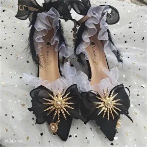xiangtuibao Gothic Girls Black Feather Bowknot Gold Sun Lolita Shoes Metal Pearl Chain Pointed Sandals Mid Heel Victoria Cos Lolita Shoes